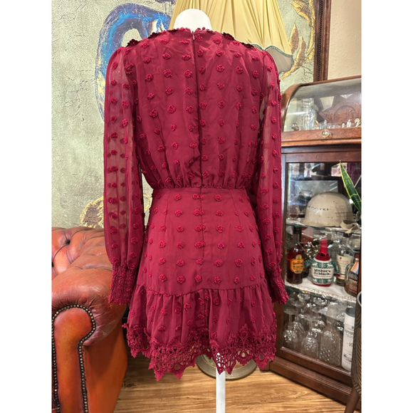 Lulus "Bohemian Dream" Burgundy Swiss dots and Lace Mini Dress - Picture 9 of 16